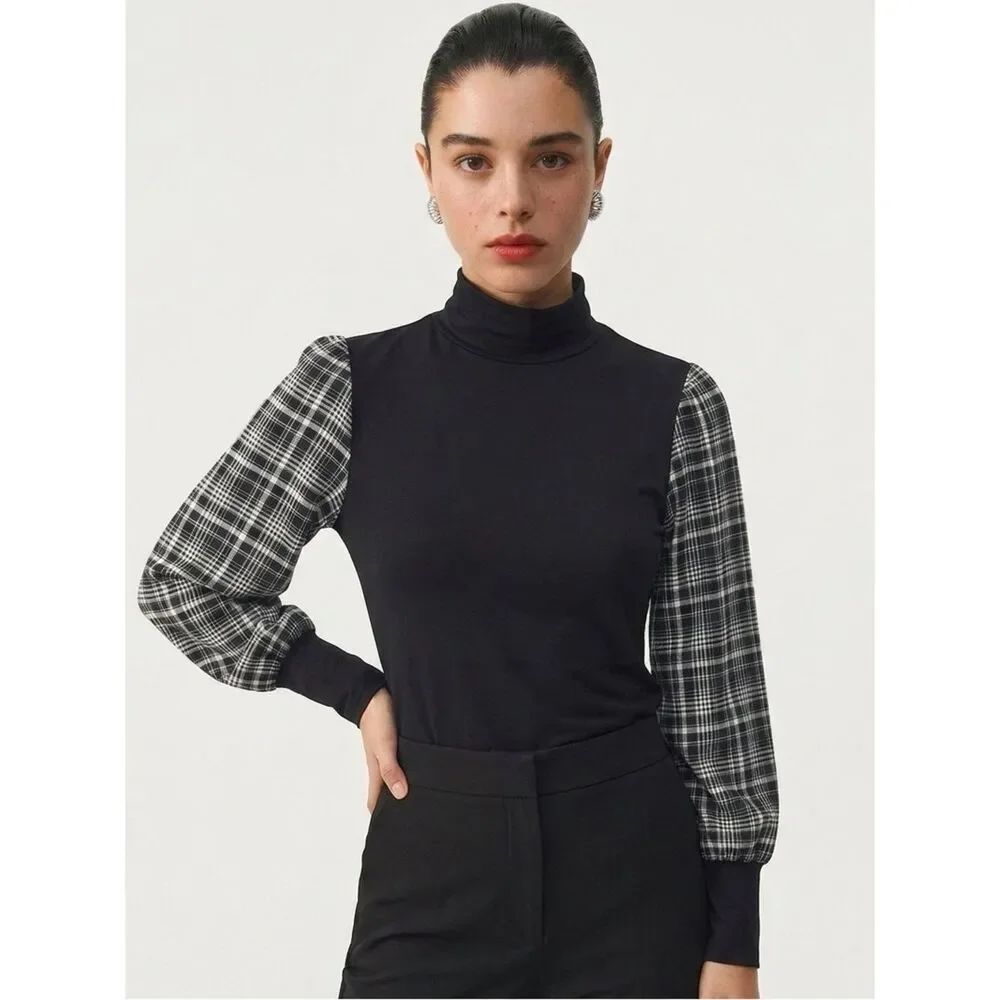 LOFT | Black High Neck Top Plaid Sheer Puff Sleeves Women’s Size Medium